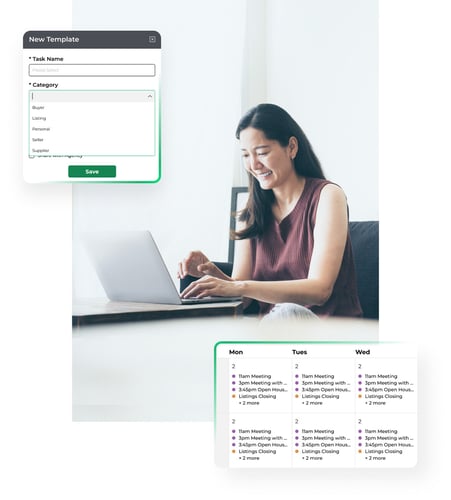 Woman sitting in front of a laptop with calendar and task template illustrations in the foreground
